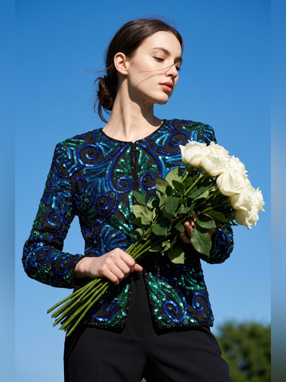 Luxury Laurence Kazar black Blazer with blue, teal and black Sequins. Silk